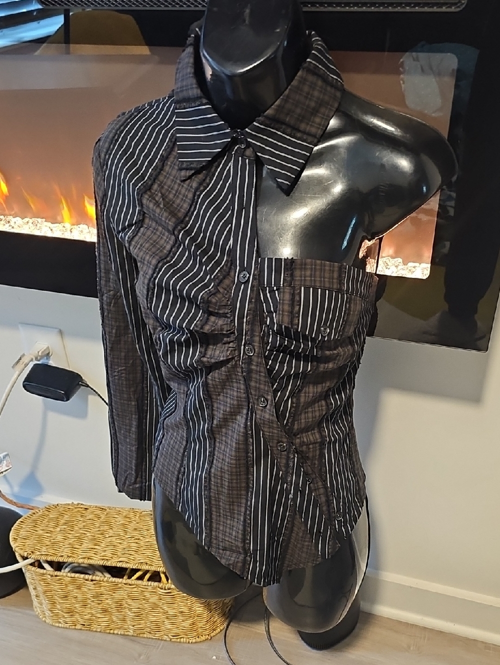 Fashion Nova Black & White Mixed Stripe & Plaid Button Shirt